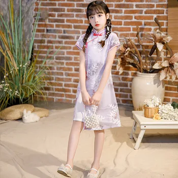 Милые Девушки Кружева Cheongsam Дети С Коротким Рукавом Традиционное Винтажное Платье Шоу Костюмы Вышивка Qipao Robela Fille Chinoise
