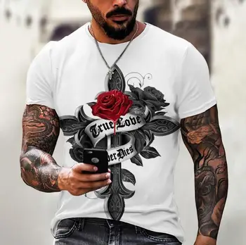 Модная мужская футболка с рисунком креста и розы, свободные топы с круглым вырезом, Дышащая удобная летняя одежда y2k большого размера для мужчин
