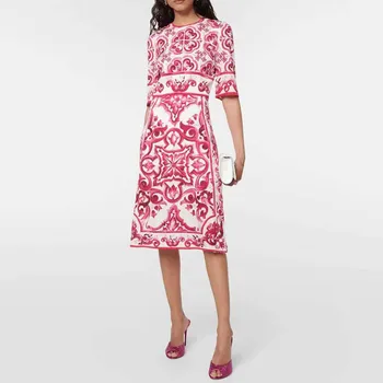 Модные рабочие платья-футляры с круглым вырезом, роскошное женское платье с красным цветочным принтом