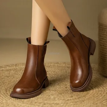 Модные удобные ботинки с круглым носком, обувь на молнии, зимняя обувь, женские резиновые ботильоны, женские осенние римские термоботинки