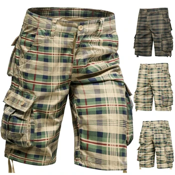 Мужские брюки среднего размера, Летние хлопковые Удобные пляжные брюки для спорта на открытом воздухе, Трендовые клетчатые шорты, Свободные Прямые брюки-карго большого размера