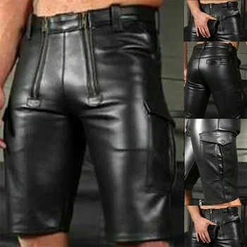 Мужские кожаные брюки с однотонным карманом из искусственной кожи в стиле панк, обтягивающие никелевые брюки, Декоративные шорты на двойной молнии