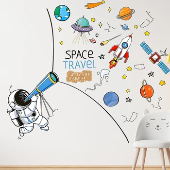Мультяшный Астронавт Ракета Спутник Планета Наклейки на стены Для украшения дома Детская спальня Настенное искусство ПВХ Наклейки Diy Космические плакаты