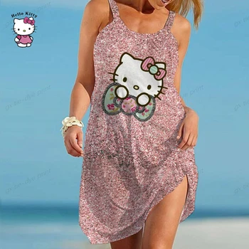 Новое сексуальное пляжное платье Hello Kitty с 3D принтом, Женские платья без рукавов с героями мультфильмов, Гавайская винтажная пляжная одежда, Ночное платье-слинг для девочек