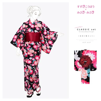Новое Японское Кимоно Юката, винтажное платье из чистого хлопка, впитывающее влагу и дышащее, с красным цветочным принтом, длина 163 см