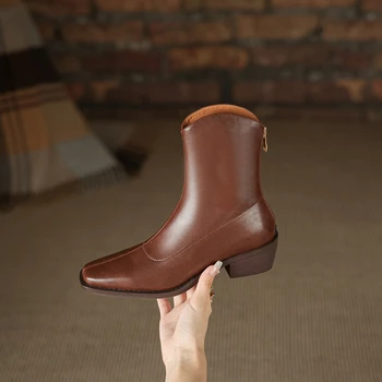 Новые женские ботинки Kaky's Square Head из натуральной воловьей кожи на среднем каблуке большого размера, короткие ботинки 