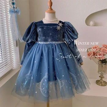 Осенне-зимнее новое платье принцессы с бархатной подкладкой для девочек синего цвета на день рождения, Утолщенный зонтик на флисовой подкладке