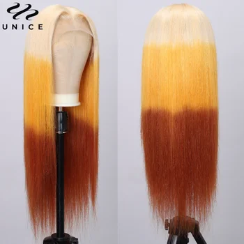 Парики UNice Hair 13x4 с кружевами спереди, 100% Человеческие волосы, светлые, оранжево-коричневые, 3 тона, цвет Омбре, Прямой кружевной парик