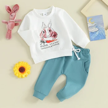 Пасхальные наряды для маленьких мальчиков и девочек, детский спортивный костюм, толстовка с длинными рукавами и принтом кролика, эластичные штаны, одежда для младенцев