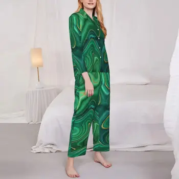 Пижама с жидким принтом, женская Зелено-желтая Абстрактная Элегантная пижама для спальни, осень, 2 предмета, повседневные пижамные комплекты оверсайз-дизайна
