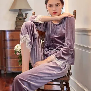 Пижама с кружевной отделкой, 2 шт., женская зимняя домашняя одежда, комплект брюк с длинными рукавами, теплая бархатная пижама, пижамы с круглым вырезом, одежда для отдыха