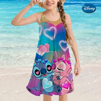 Платье Disney Stitch для маленьких девочек, летняя модная одежда для детей дошкольного возраста, пляжное платье на бретельках без рукавов, детская одежда
