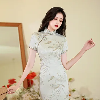 Плюс размер Классическое Элегантное Женское платье Qipao Sexy Slim Split Cheongsam Летнее Традиционное китайское платье с коротким рукавом и принтом Vestidos
