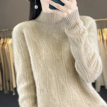 Роскошный женский свитер из 100% чистого кашемира с высоким воротом, осень-зима, свободный вязаный свитер из плотной шерсти с цветочным узором, идеально подходящий для