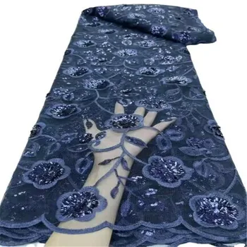 Темно-Синяя Ткань Высококачественная Африканская Кружевная Ткань 2023 Французская Сетка Блестки Ткань Для Шитья Вышивание Кружева Тюль Нигерийское Платье 5 Ярдов