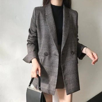 Толстая куртка, женское двубортное офисное женское длинное пальто, женские зимние клетчатые блейзеры, пальто, корейская мода, Элегантное однотонное изделие.
