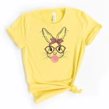 Футболка с кроликом в леопардовых очках, Милая пасхальная футболка, футболка с изображением пасхального кролика, футболка с банни из жевательной резинки, женский топ с кавайным пасхальным кроликом