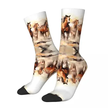 Хип-хоп Винтажный табун Бело-коричневых лошадей Сумасшедшие Мужские компрессионные носки Унисекс Скачущие лошади Harajuku Бесшовный экипажный носок