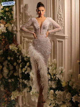 Элегантные вечерние платья с кристаллами, перья, Прямое платье для невесты, Классическое свадебное платье длиной до щиколоток, Vestido De Novia