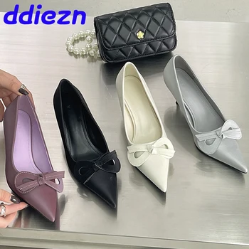 Элегантные женские туфли-лодочки на каблуке Мода 2024 года, женская обувь с острым носком и узлом-бабочкой, Женские туфли-шлепанцы на высоком каблуке